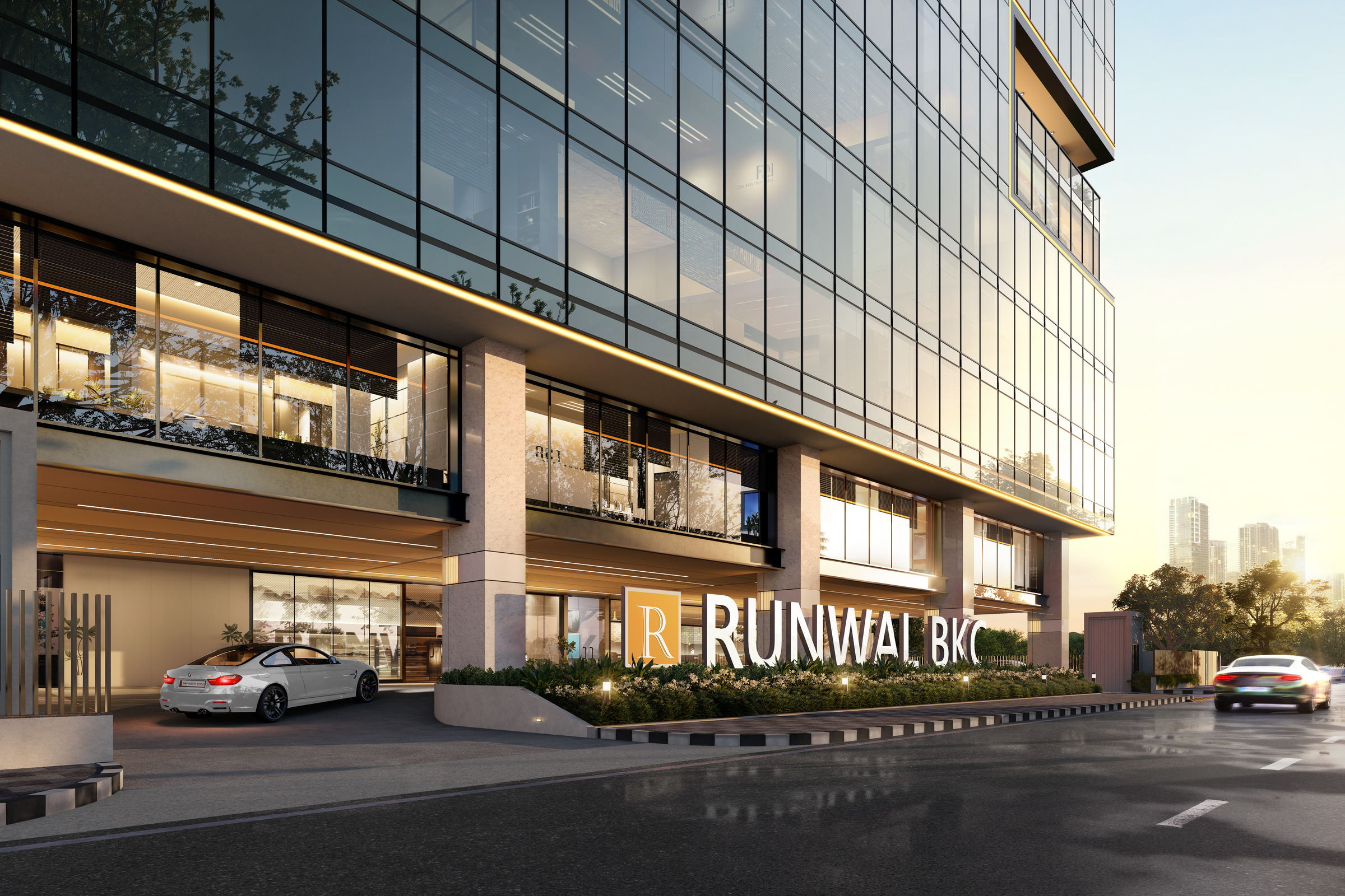 Runwal BKC — Street-level entrance with golden hour lighting